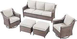 Luxury Outdoor Furniture Set with Swivel Chairs, 5 PCS Patio Furniture Set with Sofa and Ottoman for Deck, Yard, Garden, Poolside, Brown/Beige