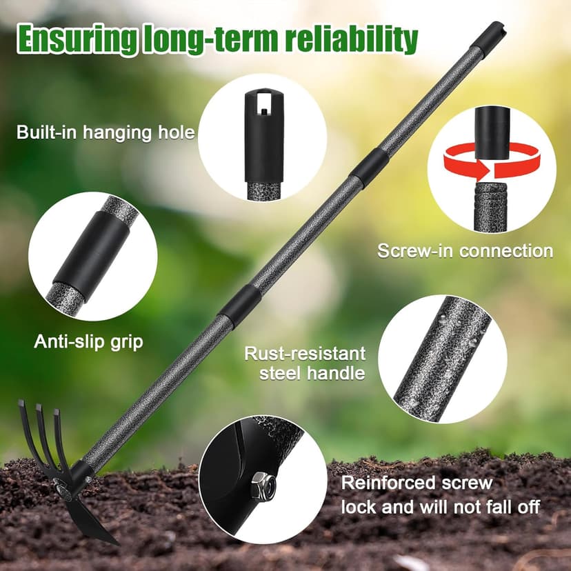 2-in-1 Garden Hoe Tool with Cultivator Rake, 45" Long Handle Small weed Hoe for Weeding, Heavy Duty hand tiller Gardening Hoes for Raised Beds, Backyards,Indoor Greenhouse, Outdoor Planting