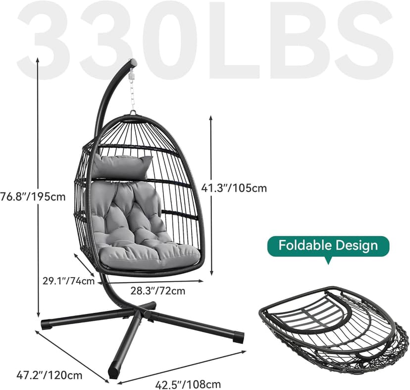 YITAHOME Hanging Egg Swing Chair with Stand Egg Chair Wicker Indoor Outdoor Hammock Egg Chair with Cushions 330lbs for Patio, Bedroom, Garden and Balcony, Dark Gray(Stand Included)