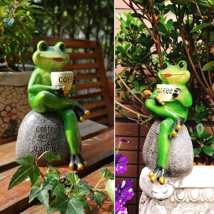 OwMell Frog Statue for Garden, Green Frog Figurine for Outdoor Decor Yard and Garden Decoration Resin Sculpture 6 Inches - Drinking Coffee