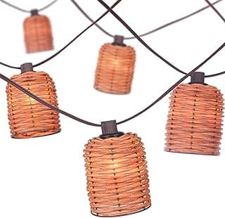 Natural Rattan String Lights, 10 Rustic Raffia Cage,16 Ft Plug in & Connectable Wicker Lights, Rustic Farmhouse Style for Room,Garden,Deck,Patio Decorations, Brown Rattan