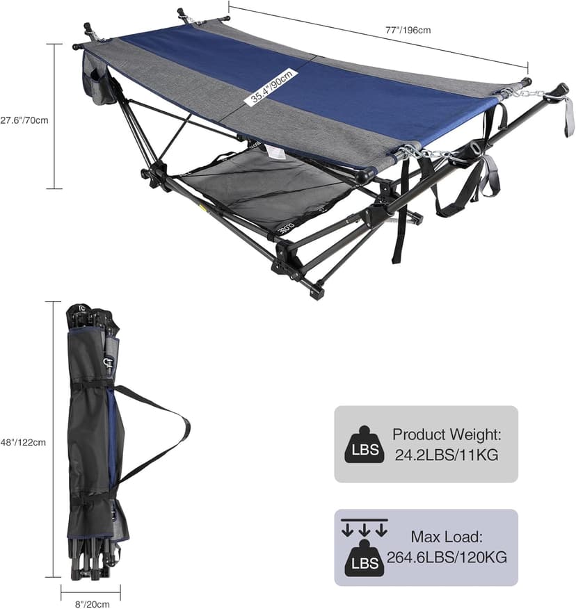 RedSwing Portable Folding Hammock with Stand,Foldable Camping Hammock with Removable Pillow,Storage Net,Foldable Lounge Camping Bed for Adults for Outdoor,Backyard,Beach,Garden,Lawn