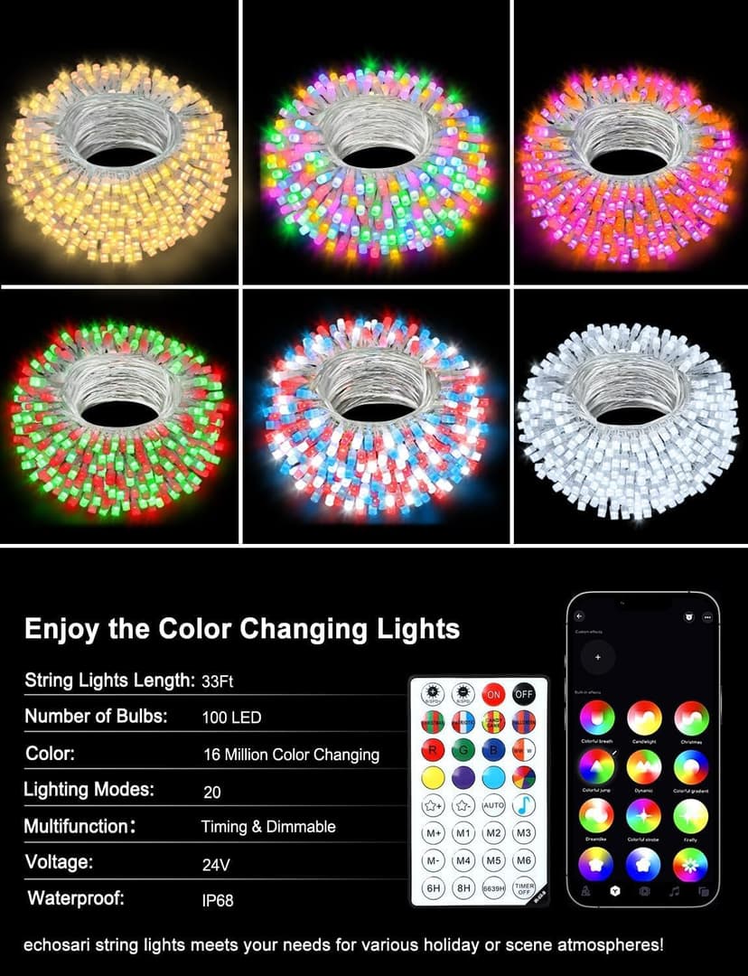 echosari Smart String Lights 33Ft RGB Color Changing IC, 100 LED String Lights with Remote & App Control, Music Sync Fairy Lights for Yard Garden Trees Decor (Clear Cable)