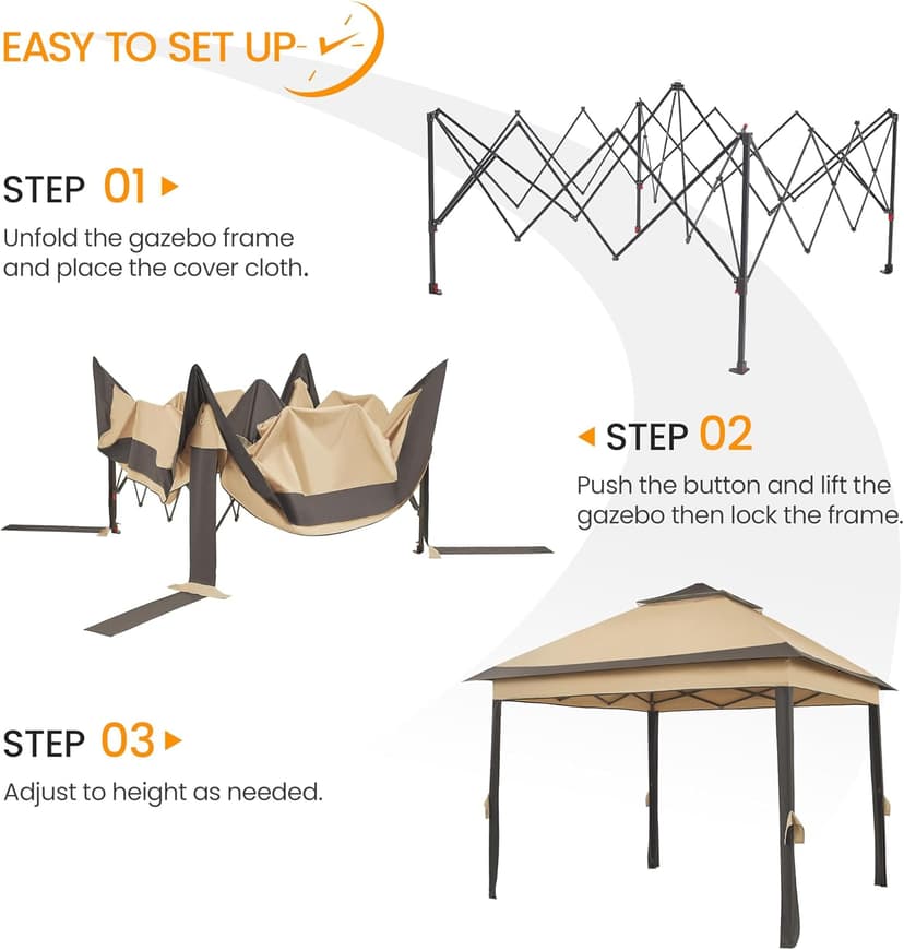 Yaheetech 11x11 Pop Up Gazebo Outdoor Canopy Shelter, Instant Patio Gazebo Sun Shade Canopy Tent with 4 Sandbags, Double Tiers & Mesh Netting for Lawn, Garden, Backyard & Deck, Khaki
