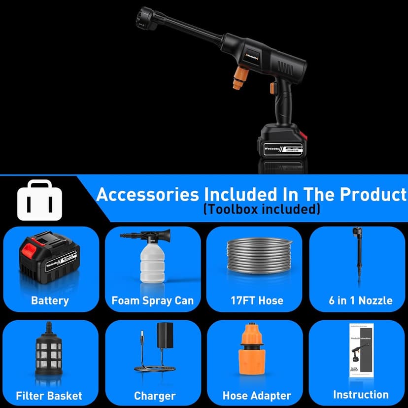 Cordless Power Washer, 900 PSI Cordless Pressure Washer, Portable Power Washer with 20000mAh Battery&Charger & 6-in-1 Nozzle, 17FT Drain Hose, Portable Pressure Washer for Car WashHomeYard