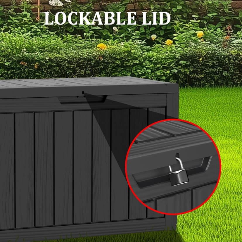 150 Gallon Waterproof Deck Box, Lockable Resin Storage Box for Patio Furniture Cushions Garden Tools and Outdoor Delivery Storage, Black