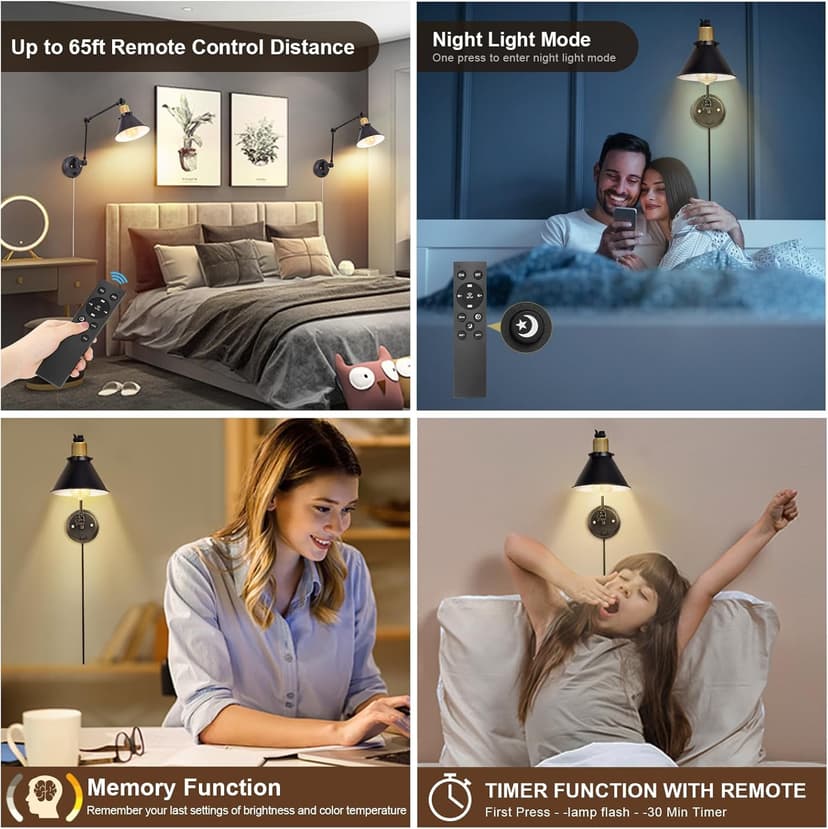 TRLIFE Dimmable Wall Sconce, Remote Control Plug in Wall Sconces Dimming 10%-100% and Adjustable Color Temperature 2700K-6000K, Swing Arm Wall Lights with Plug in Cord, UL Listed(2 Pack, 2 Bulbs)