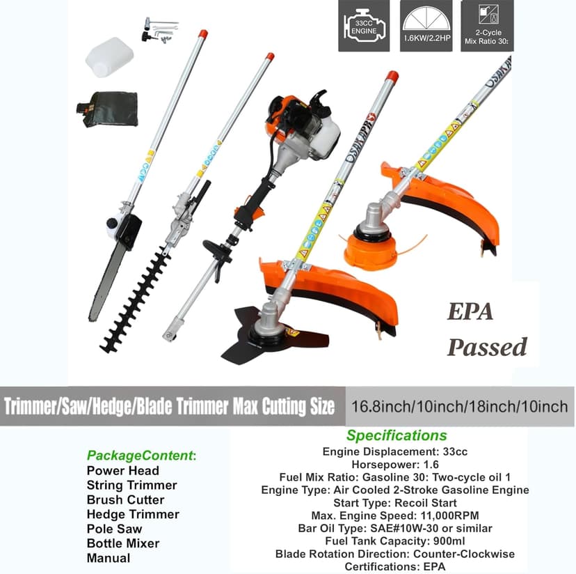33cc 2-Cycle Gas Multi-Trimmer | 4-in-1 String Trimmer w/Rotatable Pole Saw, Weed Eater Weed Wacker, Brush Cutter & Hedge Trimmer Gas for Lawn, Yard, Garden Care, All-in-one Garden Tool