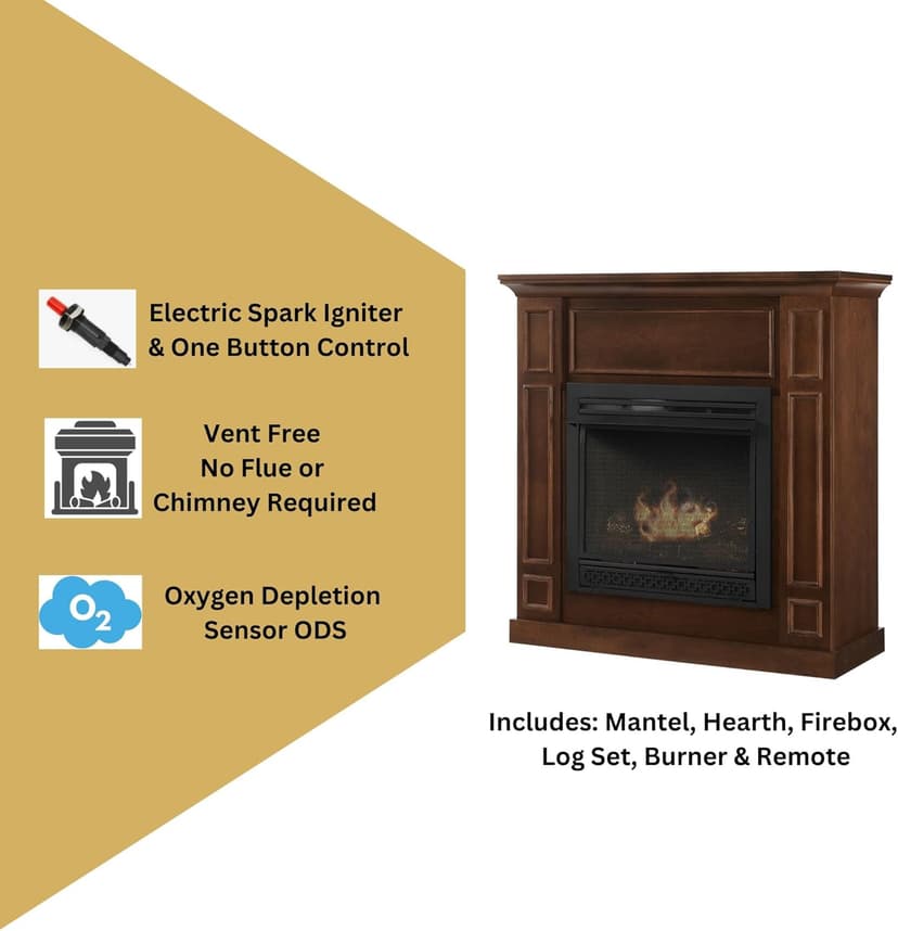 Comfort Glow Dual Fuel Ventless Gas Fireplace with Mantle The Avalon, Adjustable Thermostat, Natural Gas or Liquid Propane, 26,000 BTU, Heats 950 sq ft - Walnut Finish Gas Fireplace