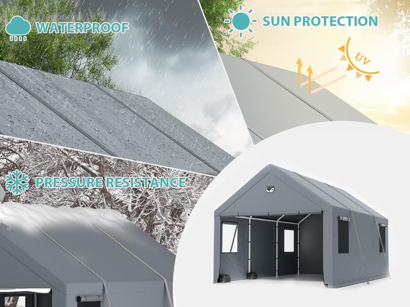 2 Car Carports 20X20 Heavy Duty with Removable Side Walls, Car Port Canopy, Portable Shelter, All Weather, Gray