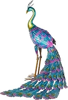 Alpine Corporation 28" Tall Outdoor Metallic Peacock Standing Yard Statue Decoration, Multicolor