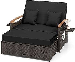Moccha Outdoor Wicker Daybed, Patio Rattan Loveseat Sofa w/ 4-Level Adjustable Backrest, Folding Panels, Storage Ottoman & Cushions, Lounge Furniture Set for Poolside Backyard Porch (Black)