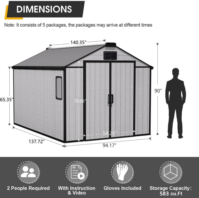 8 x 12 FT Resin Outdoor Storage Shed, All-Weather Plastic Garden Shed with Floor, Lockable Doors & Windows, Plastic Tool Shed for Poolside, Backyard, Patio