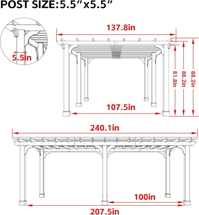 VEIKOU 12x20 FT Cedar Wood Pergola Kit with Snow Wind Support, Slatted for Patio, Backyard, Garden