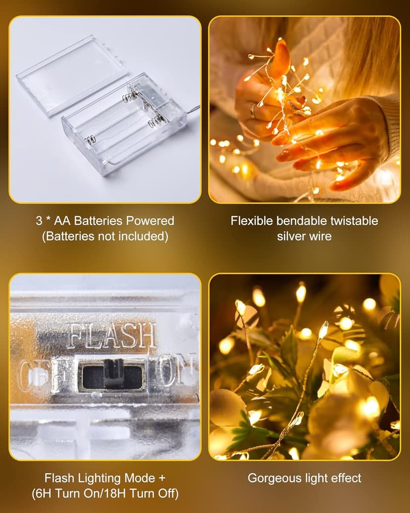 Fairy Lights Battery Operated, Fairy String Lights Waterproof Silver Wire 5 Feet 60 Led Firecracker Starry Light for DIY Wreath Home Wedding Party Bedroom Mason Jar Holiday Christmas, Warm White