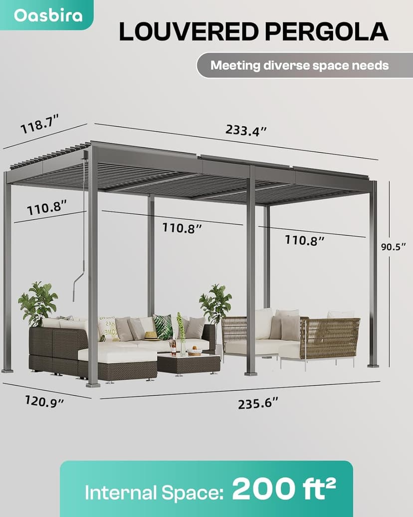 Louvered Pergola 10 x 20, Aluminum Outdoor Pergola with Adjustable Roof, Modern Patio Hardtop Gazebo for Deck Backyard Garden, Dark Gray