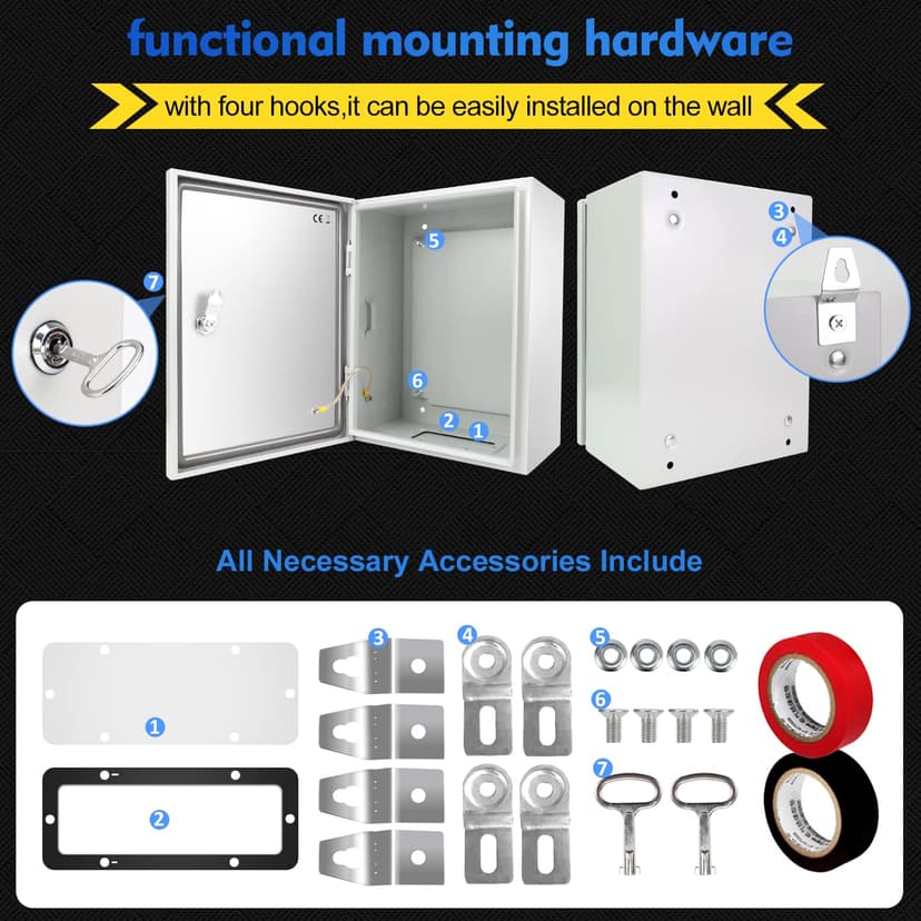 Outdoor Electrical Box, Steel Junction Box 16 x 12 x 8'', NEMA 4X Electrical Enclosure Box IP66 Waterproof & Dustproof, Universal Electrical Project Box with Lock & Mounting Plate