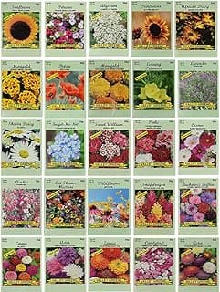 25 Slightly Assorted Flower Seed Packets - Includes 10+ Varieties - May Include: Forget Me Nots, Pinks, Marigolds, Zinnia, Wildflower, Poppy, Snapdragon and More - Made in the USA