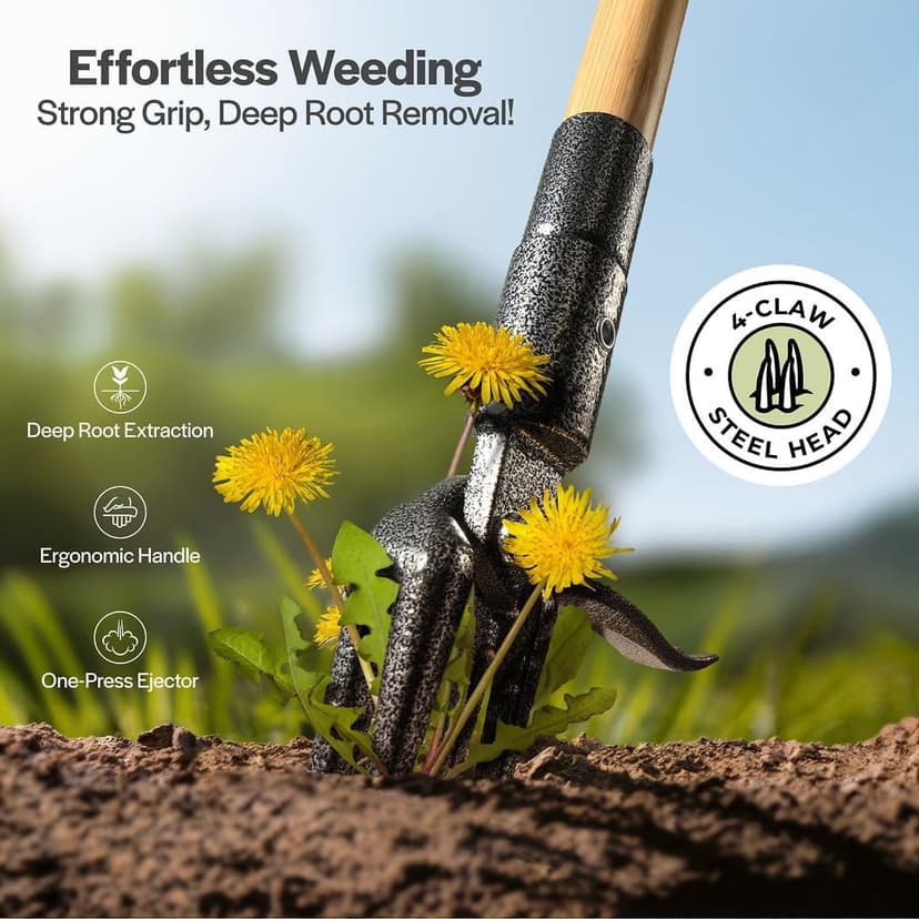 Weed Puller Tool, Stand Up Heavy Duty Weed Remover Tool with Long Handle, Foot Platform Design - 4 Claw Steel Head Weeder Tool, Bamboo Garden Hand Weeding Tool, Smoothly Remove Weeds Without Kneeling