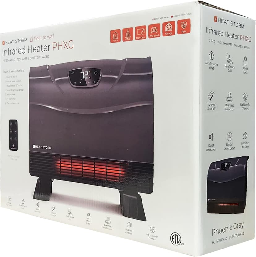 Heat Storm Phoenix HS-1500-PHX, Infrared Space Heater with Attachable Feet, Remote Control, Energy Efficient-750-1500 Watts, Gray Floor or Wall