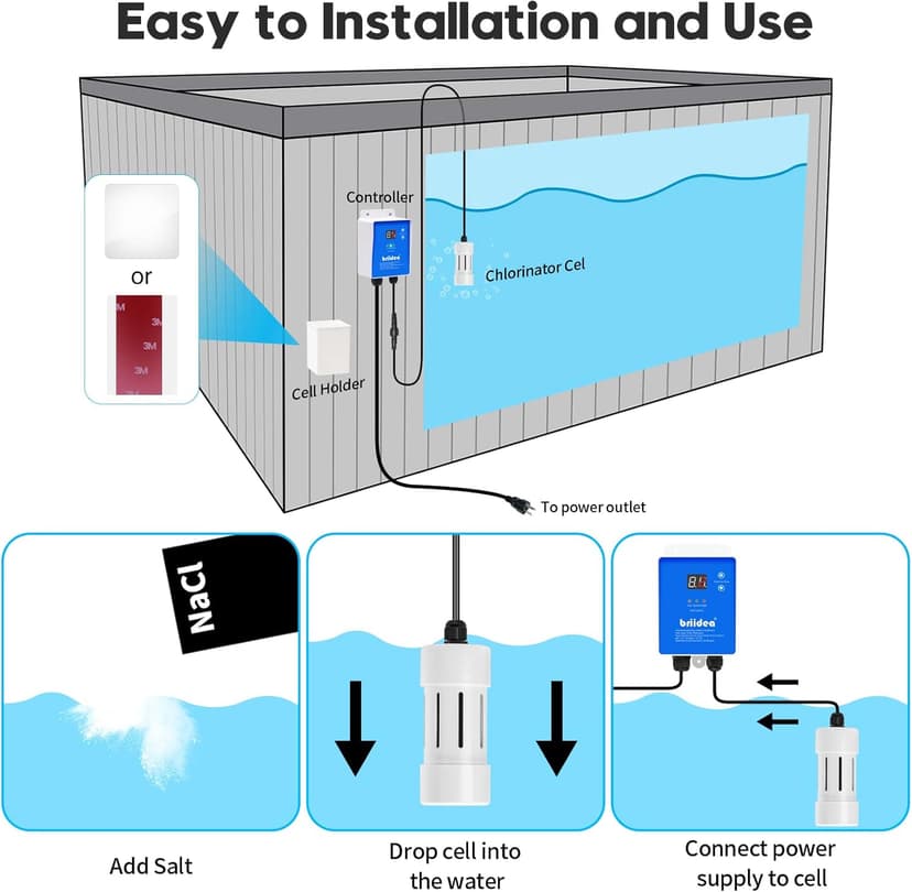 Salt Chlorine Generator, Briidea Chlorine Generator with USA-Made Titanium Cell, Ideal for Hot Tubs & Swim Spas Up to 2000 Gallons, Chemical-Free & Cost-Effective Maintenance