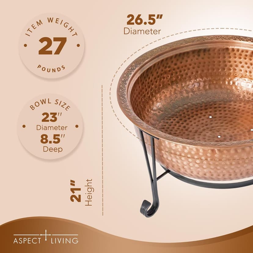 26.5" Genuine Copper Wood Burning Fire Pit w/Spark Screen, Lift Tool, Grate #65126