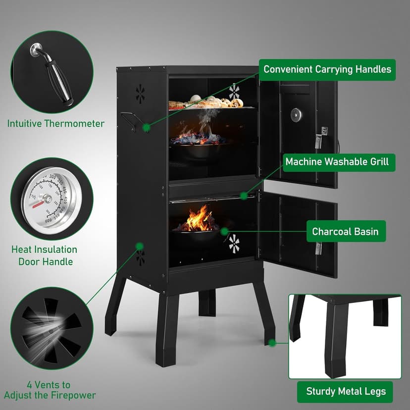 Outvita Outdoor Smoker with Double Doors, Vertical Charcoal Smoker, Outdoors Charcoal Barbeque with 2 Detachable Grill Netting Smoking Racks, Suitable for Lawn Picnic, Backyard BBQ, Black