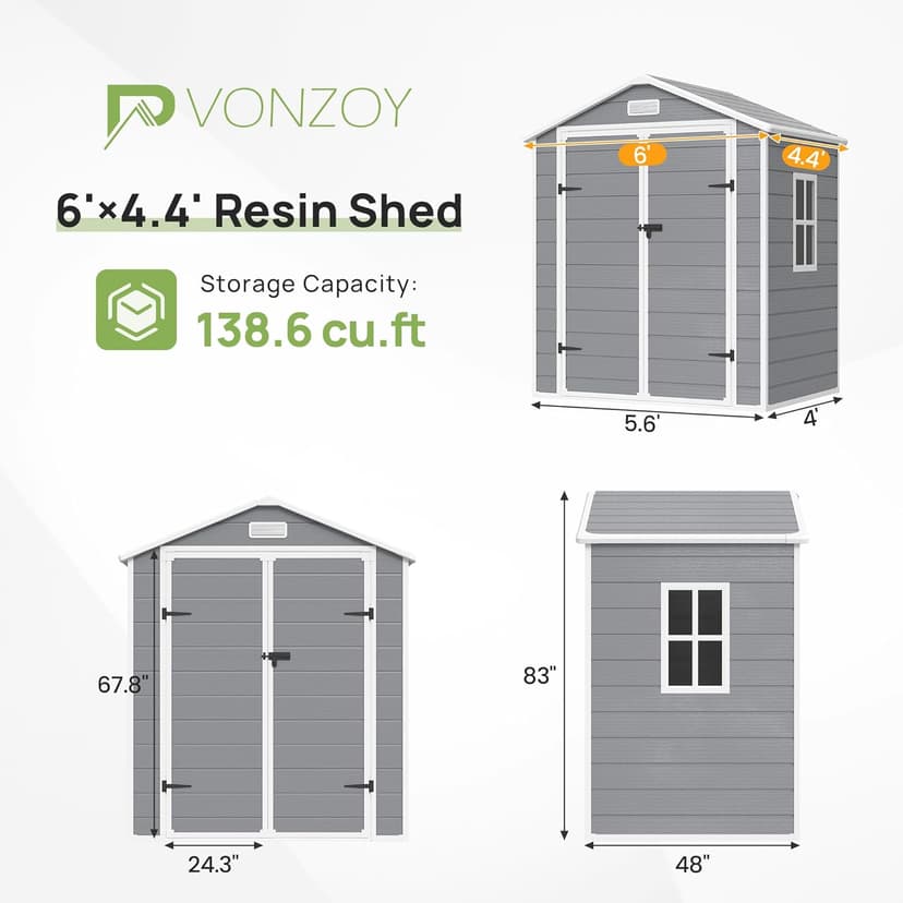 6x4.5 FT Resin Outdoor Storage Shed with Floor, Plastic Garden Shed, Lockable Door & Window, Waterproof Tool Shed for Bike, Garbage Can, Lawn Mower, Patio Furniture Grey White