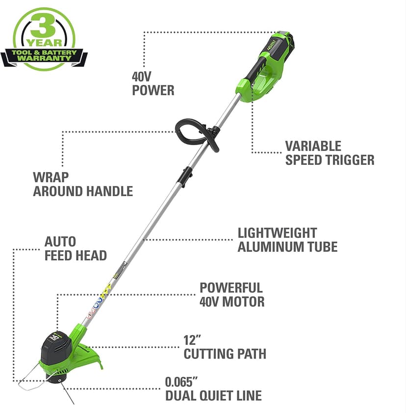 Greenworks 40V 12" Cordless String Trimmer, 2.0Ah Battery and Charger Included