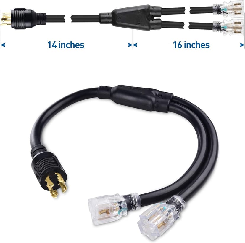 Cable Matters LED-Lit 4 Prong 30 Amp to 15 Amp Adapter for Generator (30 AMP to 110 Adapter Splitter) 30 Inches - NEMA L14-30P to 2X 5-20R