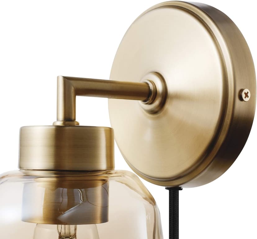 GLOBE Electric 51715 1-Light Plug-in or Hardwire Wall Sconce, Matte Brass, Smoked Amber Glass Shade, Black Fabric Cord, in-Line On/Off Switch, Bedroom, Living Room, Mounted Bedside Lamp