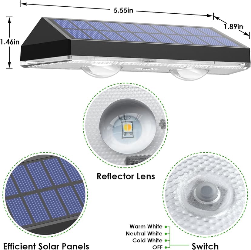 Solar Fence Lights Outdoor - 2700/4000/6000K 3 Mode, IP65 Waterproof Fence Solar Lights Outdoor, Fence Light Solar Powered for Outside, Backyard/Railing/Step/Patio/Stair Railings and Wall (8 pack)