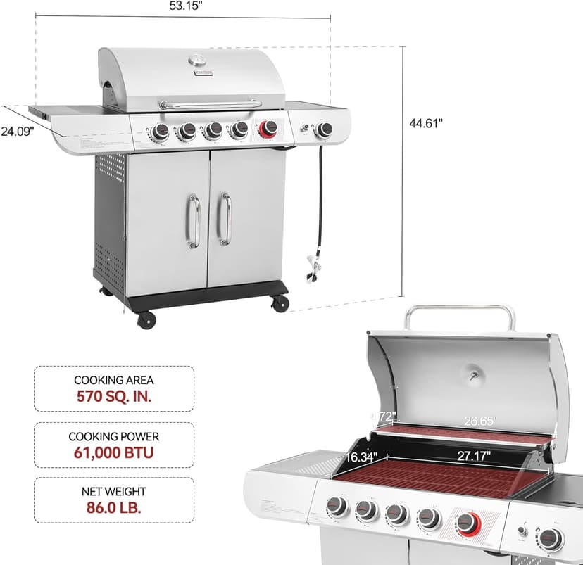 Royal Gourmet SG5002 5-Burner Propane Gas Grill with Sear Burner & Side Burner, Stainless Steel Cabinet Style Gas Grill with 61,000 BTUs Output for Outdoor Patio Garden Backyard Cooking, Silver