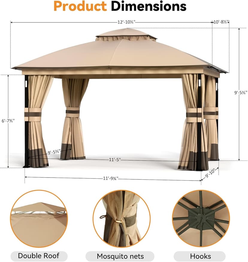 Patio Gazebo 11'x13' with LED Lights & Bluetooth Speaker, Heavy Duty Outdoor Canopy Shelter with Metal Frame, Double Roofs, Soft-top Gazebo with Netting and Curtains for Backyard