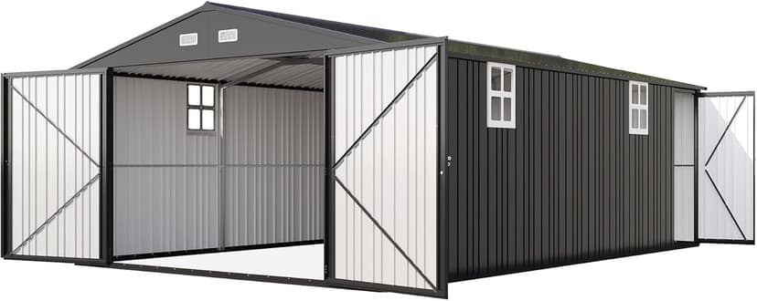 AMERLIFE 13.2x21x8 FT Outdoor Storage Shed, Huge Metal Garage Shed with 2 Double Hinged 4 Windows and Doors, Carport for Car, Truck, Bike, Garbage Can and Lawnmower, Dark Grey