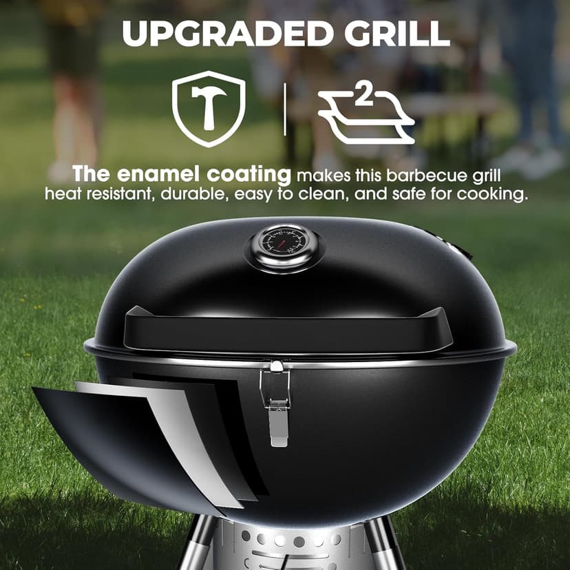 22 Inch Charcoal Grill with 2 Foldable Side Tables,Charcoal Kettle Grills with Wheels,Outdoor bbq Grill,Portable Charcoal Grill for Camping,Party,Backyard (Black)