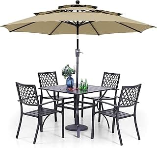 PHI VILLA Outdoor Dining Set 6 PCS with 10ft 3-Layer Round Umbrella(Beige),1 Square 37"x 37"Dining Table,4 Bistro Chairs& 10ft Patio Umbrella