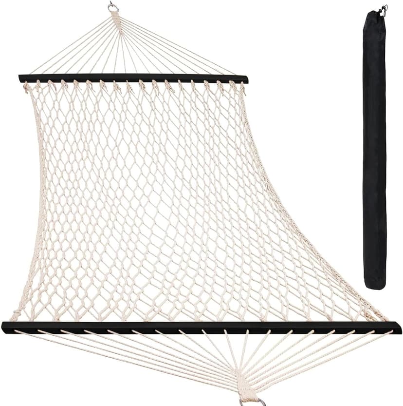 SZHLUX Double Rope Hammocks, Traditional Hand Woven Cotton Hammock with Hardwood Spreader Bar and Carrying Case for Outdoor, Indoor for Two Person, 450lb Weight Capacity