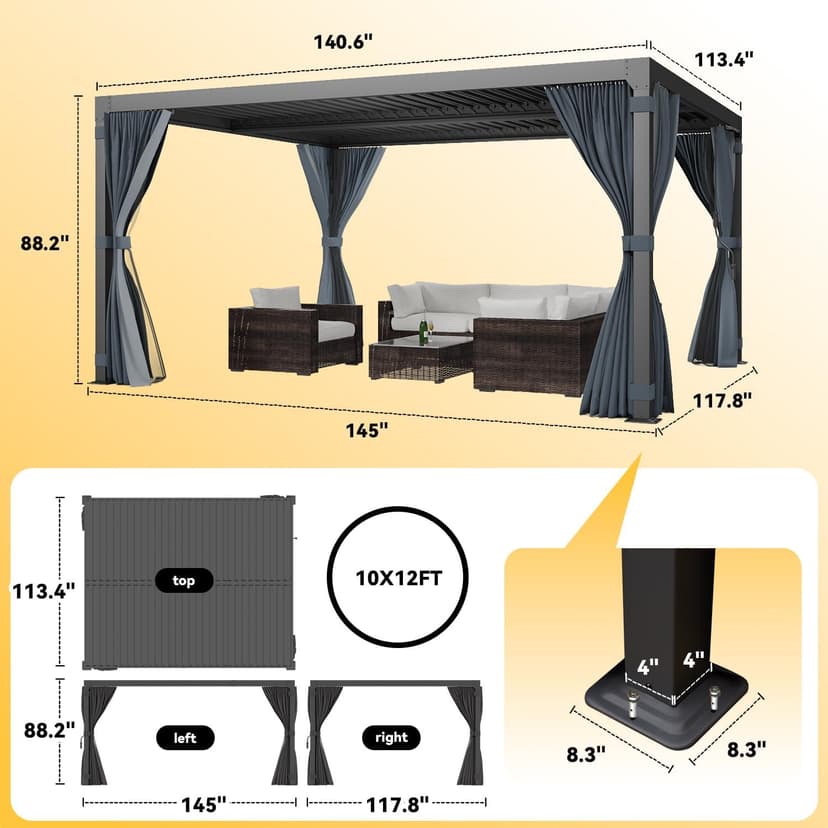 Louvered Pergola 10x12ft, Adjustable Aluminum Pergola with Waterproof Curtains and Nets, Sun & Rain Shade for Patio, Modern DIY Outdoor Living Upgrade, Dark Grey