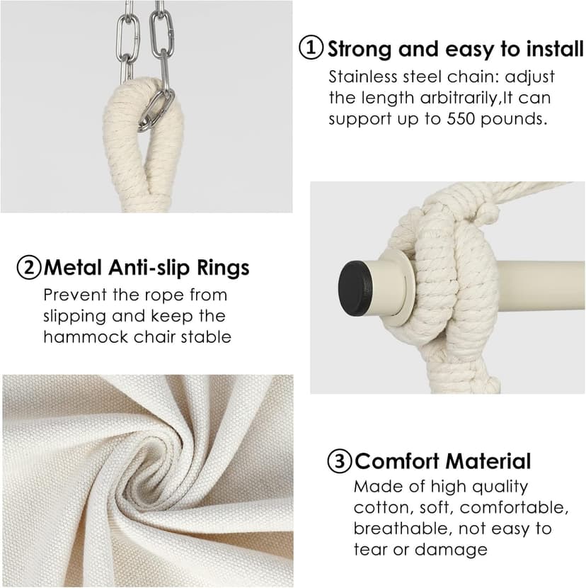 Y- Stop Hammock Chair Hanging Rope Swing, Max 500 Lbs, 2 Cushions Included, Large Macrame Hanging Chair with Pocket for Superior Comfort, with Hardware Kit (Beige)