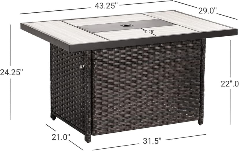 Grand Patio Outdoor 43-Inch CSA Safety Approved Gas Fire Pit Table 50000 BTU Rectangle Propane Fire Pit with Ceramic Tile Top and Wicker Base