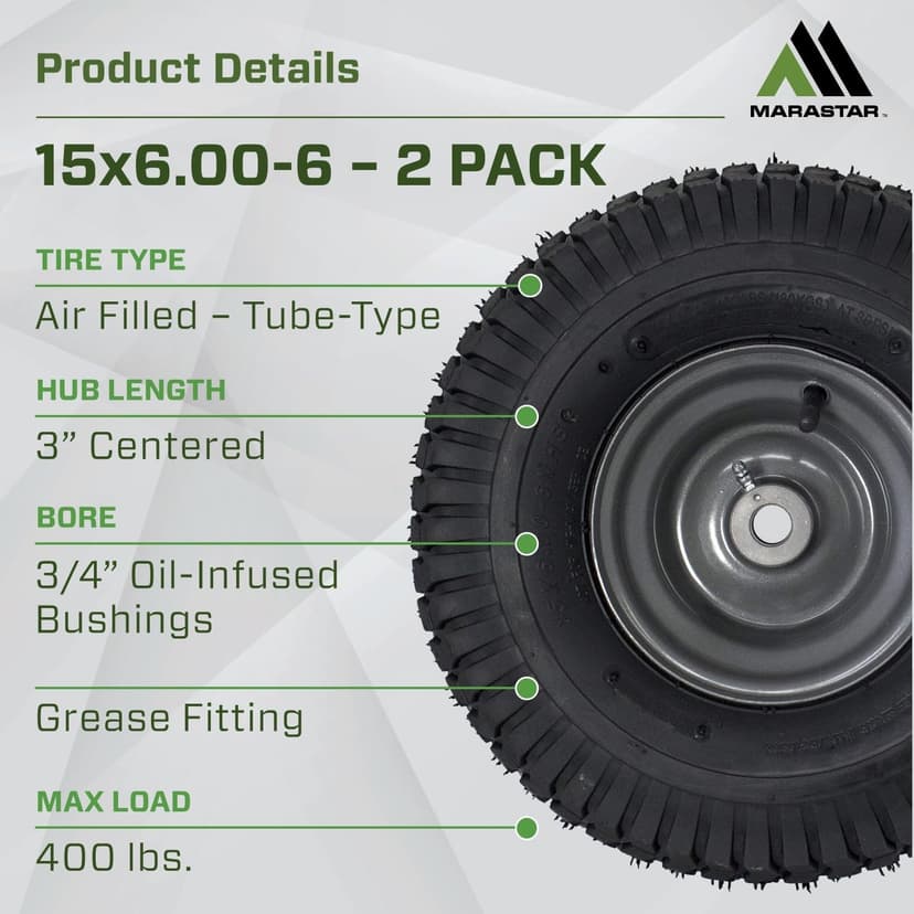 MARASTAR 21446-2PK 15x6.00-6 Tire and Wheel Assembly, Pneumatic Replacement Lawn Mower Front Tires Compatible with Craftsman Riding Lawn Mowers, 2 Pack, Easy Install Assembly
