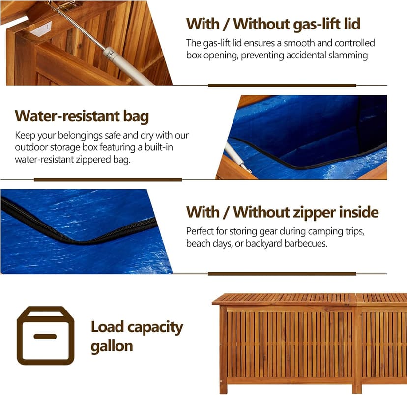 vidaXL Outdoor Storage Box, [Load Capacity Gallon] Deck Box with Gas-Lift Lid, Storage Chest with Water-Resistant Zippered Bag Inside, 68.9''x19.7''x22.8'', Solid Acacia Wood
