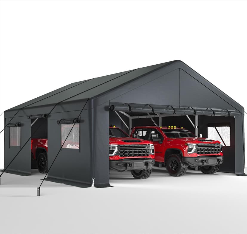 Bepatio 2 Car Carport, 20x20 Metal Carport Heavy Duty, Extra Large Car Port with Roll-Up Windows & Doors, Portable Garage Car Shelter All Weather