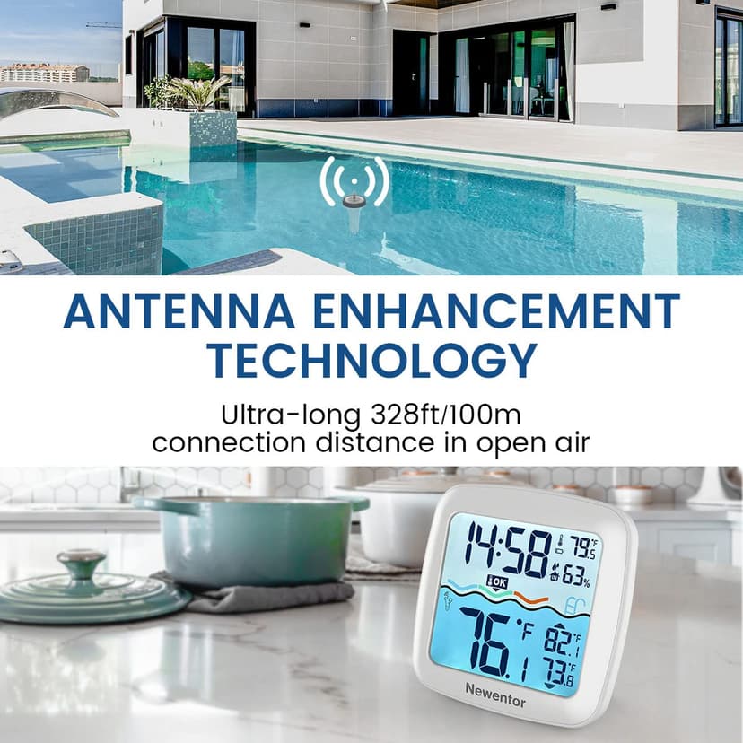 Pool Thermometer Floating Easy Read, Digital IPX8 Swimming Pool Thermometer Wireless, Water Temperature Gauge with Indoor Temperature, Floating Thermostat for Hot Tub/Fish Tank, White