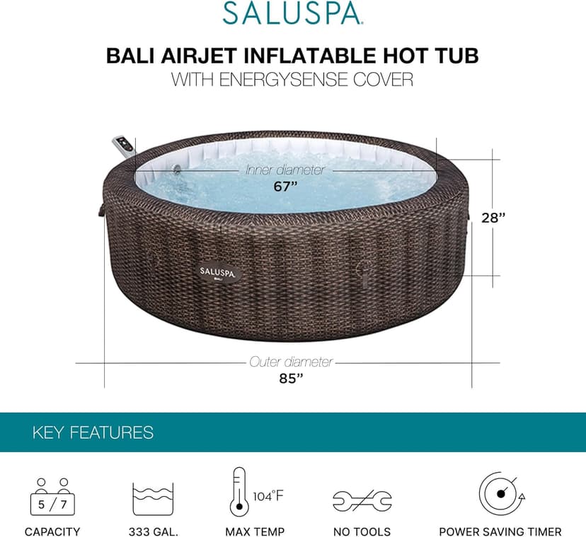 Bestway SaluSpa Bali Smart AirJet Inflatable Hot Tub Round Portable 5-7 Person Spa with 180 AirJets, App Control and EnergySense Cover, Brown Rattan