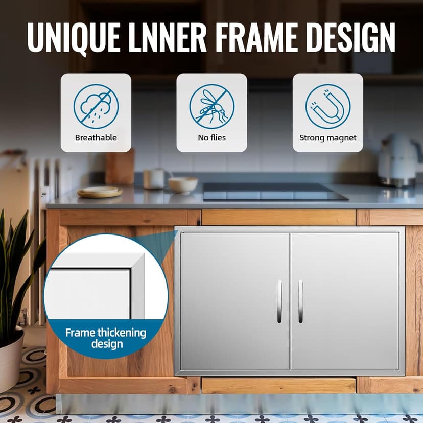 Outdoor Kitchen Door 36" W x 21" H 304 Brushed Durable Stainless Steel BBQ Access Doors with Detachable Handles for BBQ Island, Grill Station, and Outdoor Cabinets