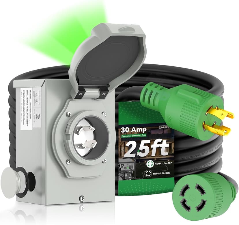 30 Amp Generator Cord 25FT and Power Inlet Box, Pre-Drilled 30 Amp Generator Inlet Box with Cord, NEMA L14-30P to L14-30R Generator Cord Waterproof Combo Kit, ETL Listed