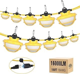 100FT LED Construction String Lights - 3 Prong, 130W 16000LM Plug in Linkable String Work Lights, 5000K Weatherproof Temporary Lighting for Construction Sites, Jobsites, Indoor & Outdoor, UL Listed