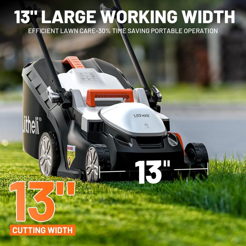 Litheli Cordless Lawn Mower 13 Inch, 20V Electric Lawn Mowers for Garden, Yard and Farm, 5 Heights Adjustment, Light Weight,with 4.0Ah Portable Battery.